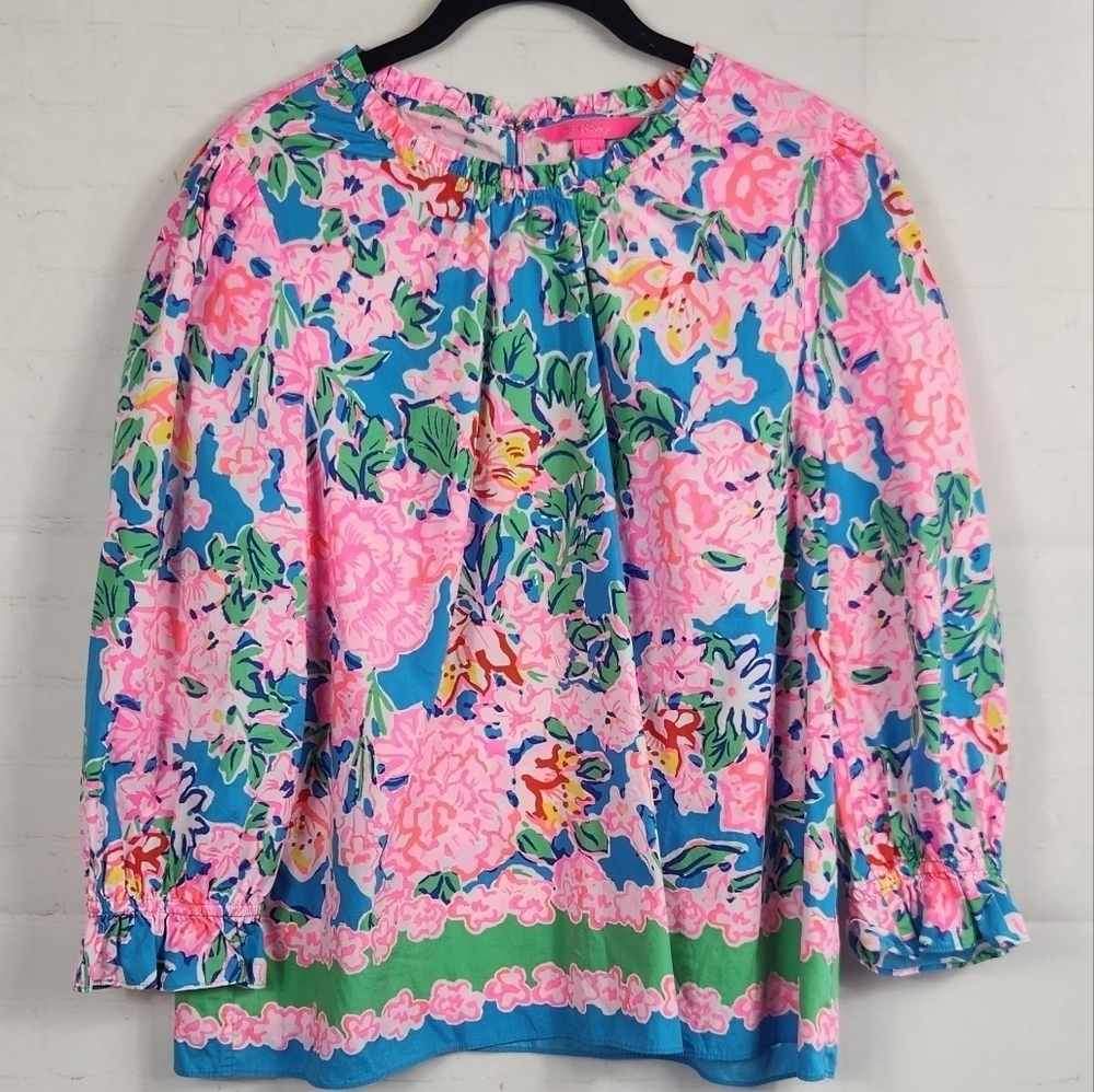 Lilly Pulitzer Preppy Colorful Trista Blouse Top Multi Rose to the Occasion L - Picture 4 of 14